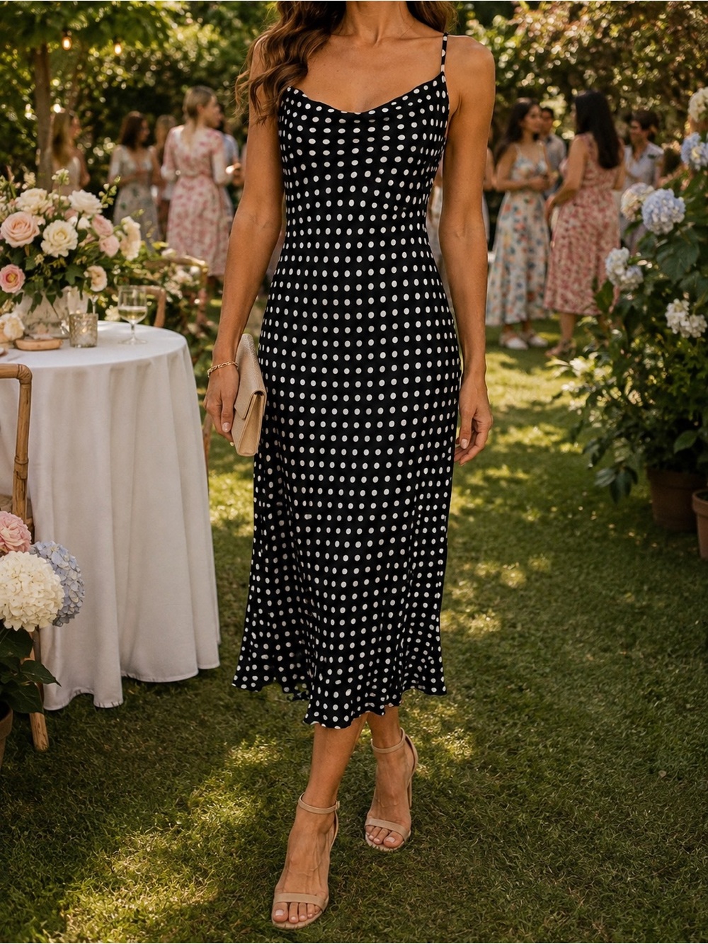 ZARA Polka Dot Slip Midi Dress - Black/White